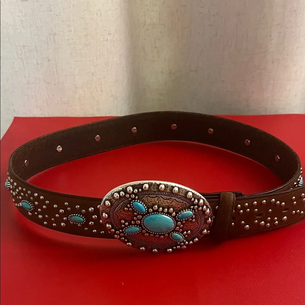 Justin Boots Brown Belt with Turquoise Embellishments - Picture 1 of 5